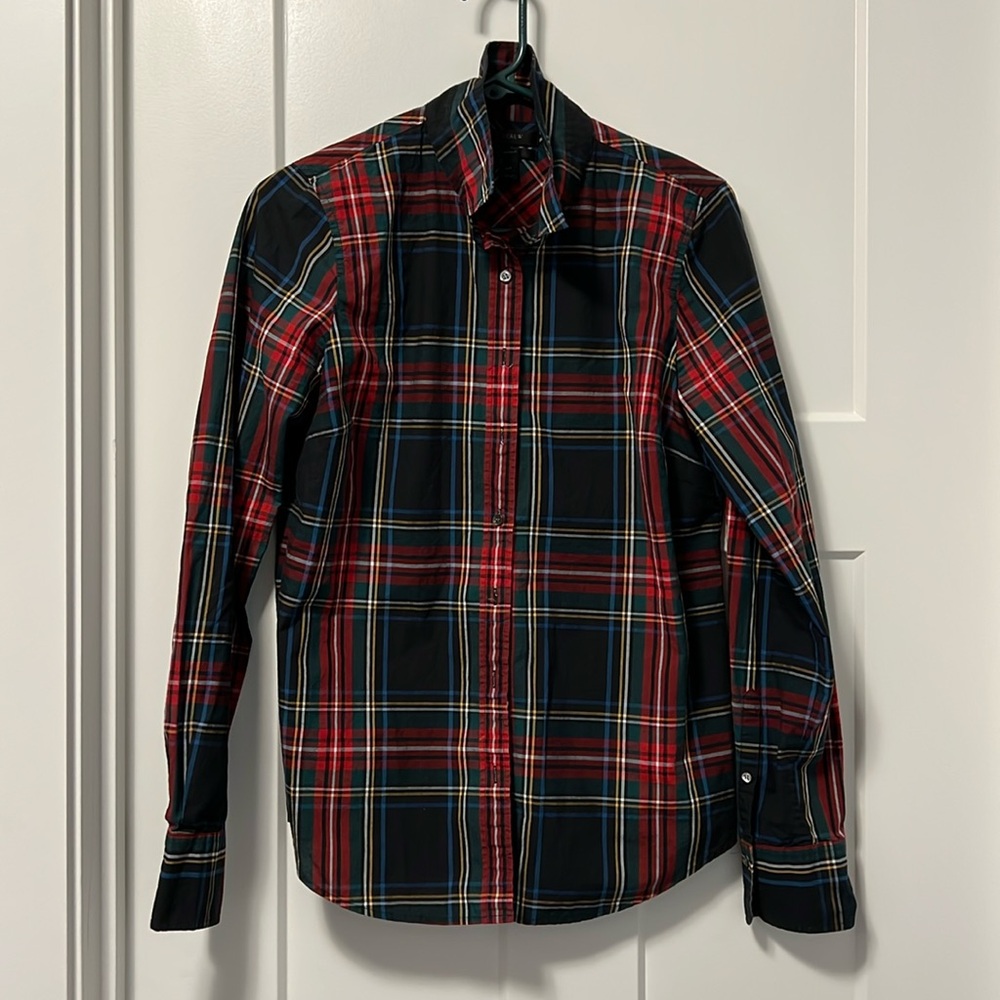 J. Crew “perfect” shirt in black stewart tartan
